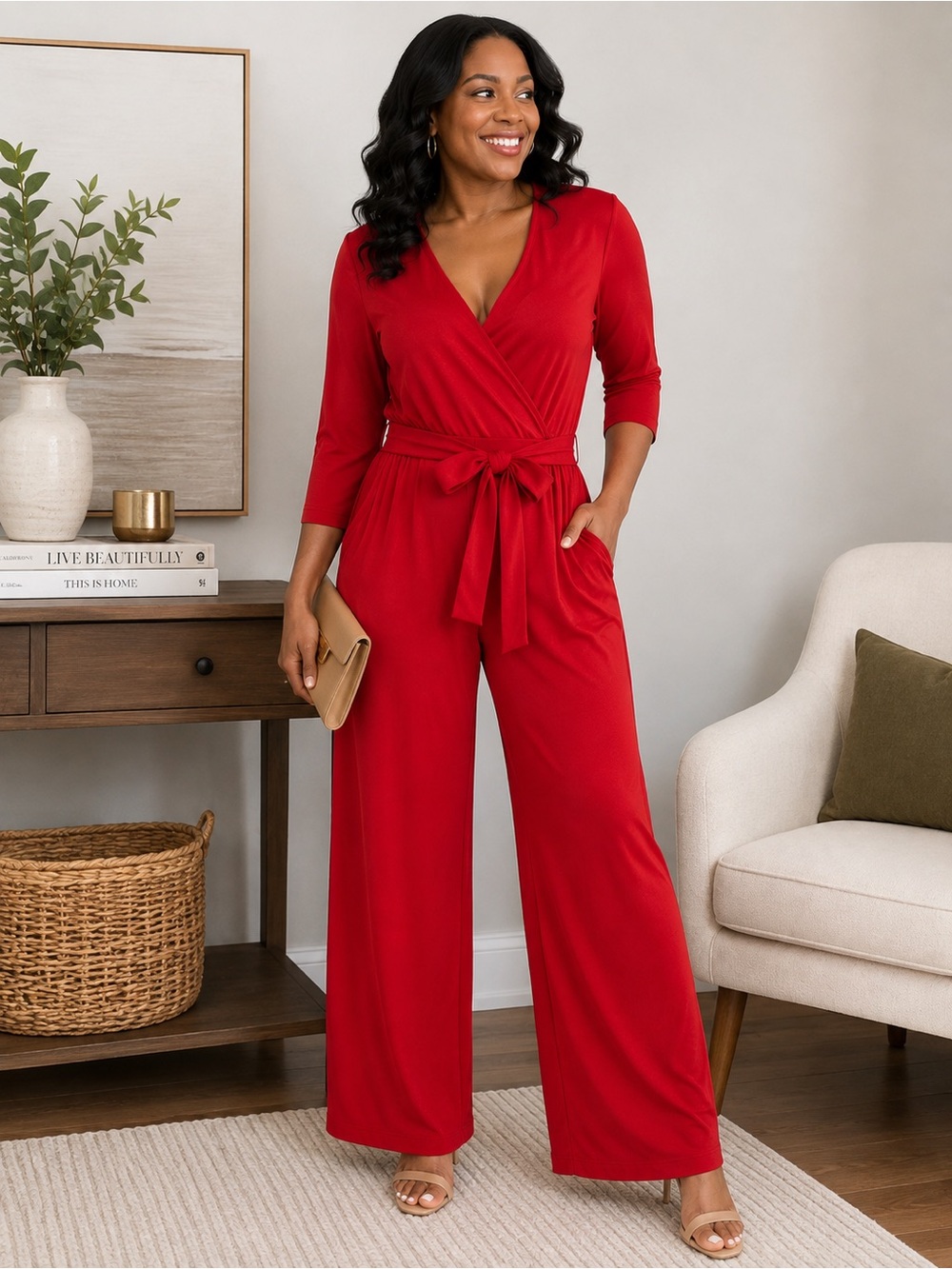 NY Collection Petite Large Red Wrap Jumpsuit Belted Wide Leg Pockets PL